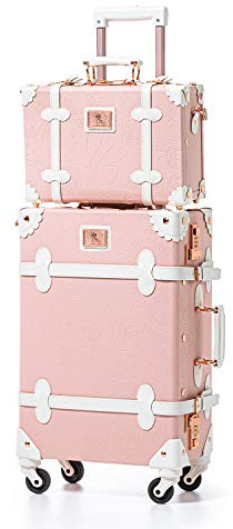 UNIWALKER Vintage Luggage Set, 2 Piece Women Carry on Trolley Suitcase with Spinner Wheels, Handcraft Faux Leather Travel Bag with Cosmetic Train Case, 20+12, Pink