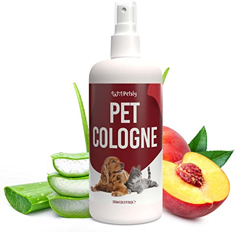 Petsly® Katzen & Hundeparfüm Pfirsich - 250ml - Spray zur Fellpflege Hund & Neutralisierung von schlechtem Geruch, Hunde Trockenshampoo, Hunde Deo, Hunde Parfüm