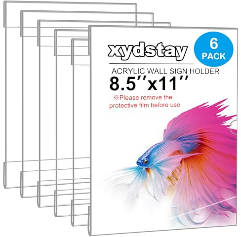 xydstay 6pack Acrylic Wall Sign Holder with Tape,8.5 X 11 Wall Mount Clear Plastic Sign Holder, Memo Document Menu Holder for Restaurant, Office, School, Store and Home Use,No Drilling
