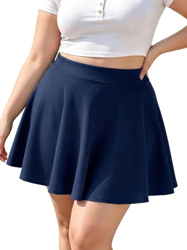 Moon Wood Damen Basic Lässig Mini Skater Rock Kurz Hohe Taille Große Größen | Informell Ausgestellter Minirock Faltenrock Stretch Röcke Mit Breitem Bund Plus Size