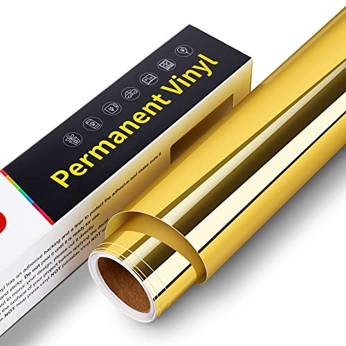 Permanent Självhäftande Vinylfolie, 30,5 cm x 305 cm Permanent Vinyl Plotterfolie, Självhäftande Vattentät Premium Vinyl Rulle för Cricut, Silhouette Cameo, Scrapbooking (Krom Guld)