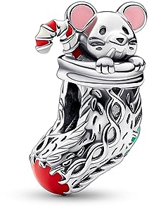 Pandora Moments Charm Festif Souris & Chaussette en argent sterling avec émail rouge, blanc, vert foncé et rose poudré