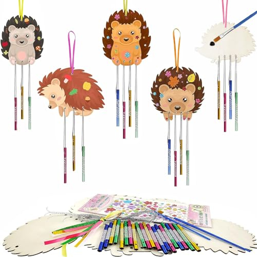 KWHSUN 5tlg Igel Windspiel Bastelset Kinder,Holz Igel zum Bemalen,Herbst Bastelset Kinder,Igel Bastelsets Erntedankfest,Herbst Basteln Holz Herbstdeko für Mädchen Jungen DIY Malen Dekoration