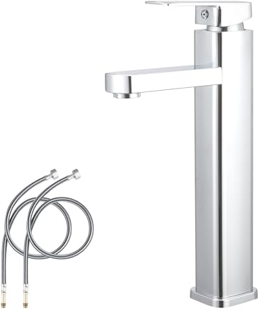 Bathroom Tall Basin Tap Countertop Washbasin Mixer Tap Vessel Sink Faucet for Bowl Single Lever Bathroom Sink Faucet with 80CM UK Standard Hoses, Chrome