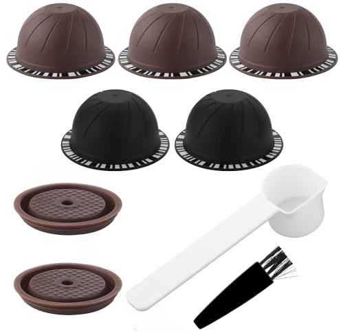 XIHIRCD 5 Cápsulas Reutilizables para Nespresso Vertuo Máquina, Cápsulas de Café Recargables de 230 ml y 150 ml con 2 Tapas de Silicona, 1 Cuchara, 1 Cepillo Accesorios Café para Nespresso
