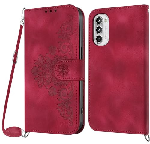 NETANY Funda para Motorola Moto G82 5G/G52 4G/G71S 5G con Cuerda, Flip Billetera Funda Tapa Libro PU Cuero con Ajustable Cordón,【2 Ranuras】【Hebilla Magnética】,Funda Piel Carcasa Case Cuerda (Rojo)