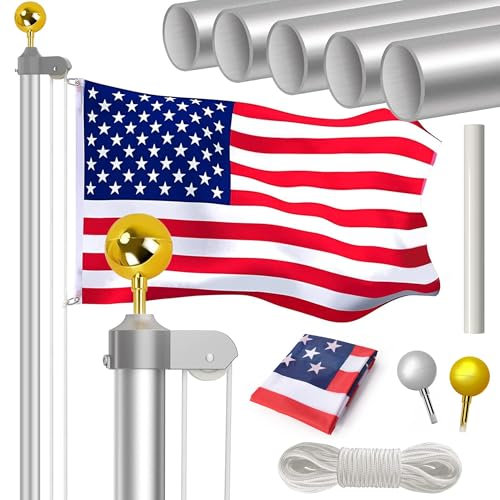 Fahnenmast für den Innen- und Außenbereich, 6 m, robustes Aluminium-Fahnenmast-Set mit 3 x 5 amerikanischen Flaggen, extra dicker Außenflaggenmast für den Außenbereich, 6 m