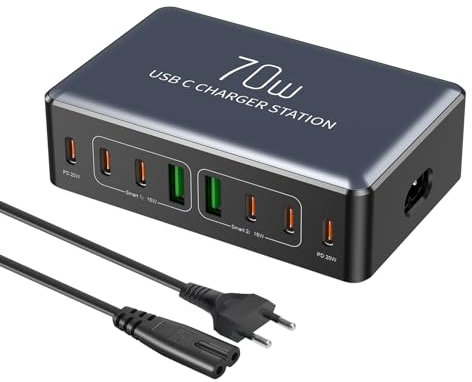 Caricatore USB C a 6 porte, Caricabatterie USB Multiplo da 80W con 2 * 20W Tipo-C Ricarica Rapida e 2* porte USBA Alimentatore Adattatore per Pixel, Galaxy,Charger per iPhone 16 15 14 13 12 ecc