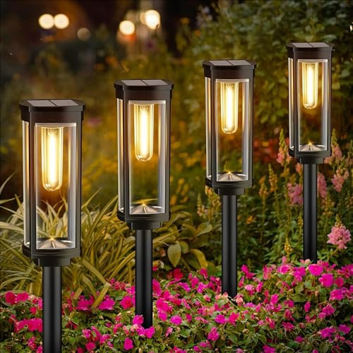EDISONFIRE Solaires Jardin pour Extérieurs 2 Pièces Lampes IP65 Étanche Eclairage Solaire Décoration Pour Jardin, Terrasse, Chemin, Pelouse, Blanc Chaud