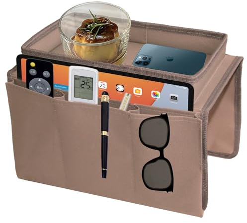 Organizador para apoyabrazos de sofá, con bandeja, contenedor para mando a distancia, para teléfono, libros, revistas, TV, mando a distancia, gafas, taza, aperitivos, color caqui