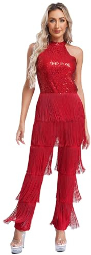 Jugaoge Damen Latein Body Neckholder Jumpsuit Overall Pailletten Top und Lange Hose mit Fransen Einteiler Tanzbekleidung für Cha Cha Samba Salsa