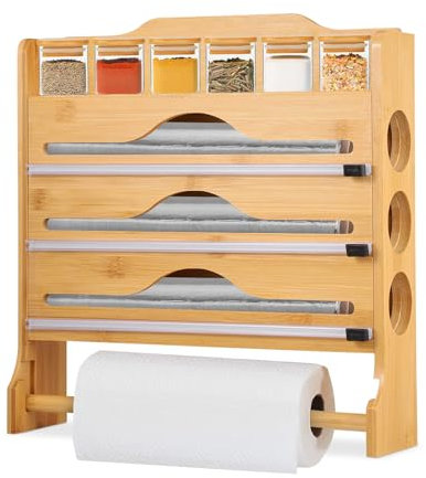 Cling Film Dispenser and Cutter,Foil Dispenser with Cutter,4 in 1 Cling Film Dispenser and Cutter,Wall-Mount Bamboo Tin Foil Holder Compatible with 35cm Rolls for Cling Film Tin Foil Parchment Paper