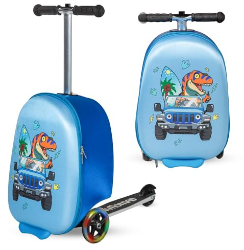 TinyNomad Adventure Ride-On scooterresväska för barn – roligt resekompanjon bagage med inbyggd skoter, LED-hjul och handbagage design för åldrarna 5-12, Rosa, Medium, Dinosaurie