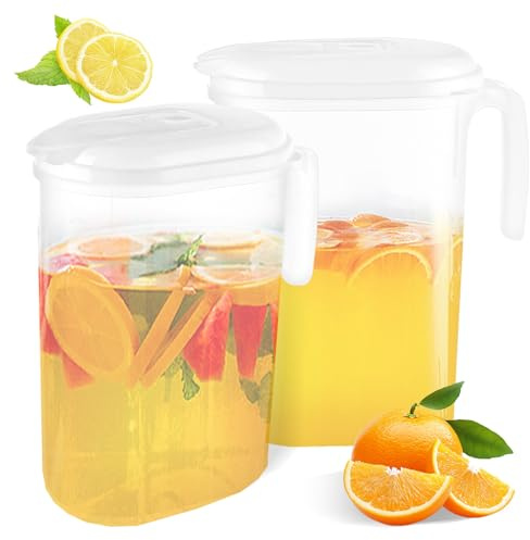ASelected 2 L Water Jug Space Saving, 20 x 17 x 7 cm Fridge Water Jugs with Lid, Clear Drink Pitcher with Handle, BPA-Free Fridge Water Pitcher for Tea, Boiled Water, Fruit, Juice, Beer, Milk
