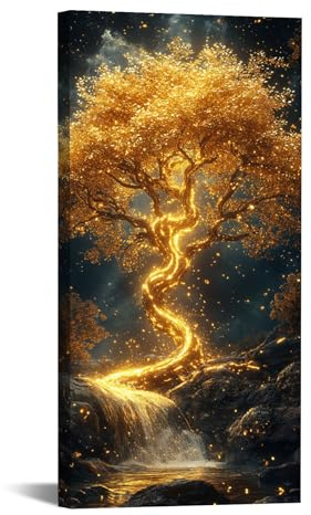 TODOAA Abstrakt Baum Des Lebens Wanddeko, Goldener Baum Bilder Wohnzimmer Poster & Kunstdrucke Leinwand Gemälde Moderne Wand Für Die Bilder Heimbüro - 50x100cm Gerahmt(Gelb)