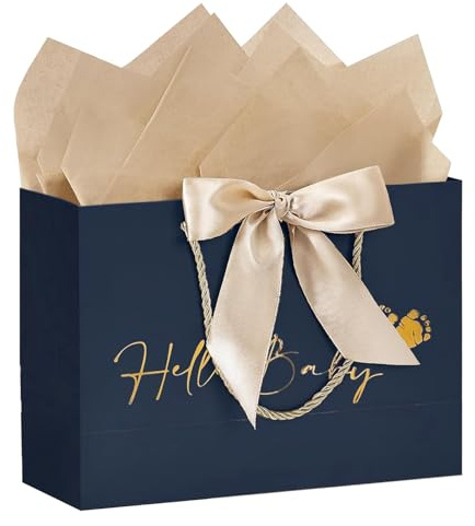 Geschenktasche zur Geburt Große 30*25*11CM Babyparty Geschenktüten Papier Geschenk Tasche schwarz mit Golden Schleife Hello baby Füß Zeichen Babypartytasche Papiertüten mit Henkel zur Geburt Newborn