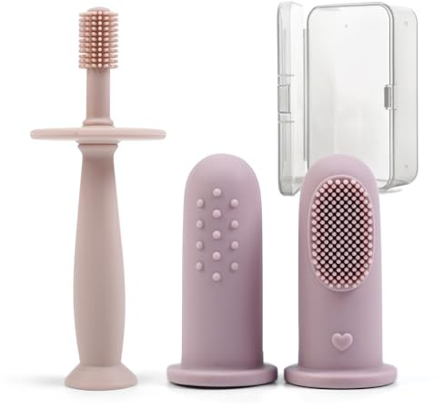 BumbleBee 360° Silicone Toothbrush & Finger Toothbrush Set - Soft Silicone Toothbrush for Baby, Infant Toddler - Baby Training Toothbrush Set Oral Care Kit - Pink Purple