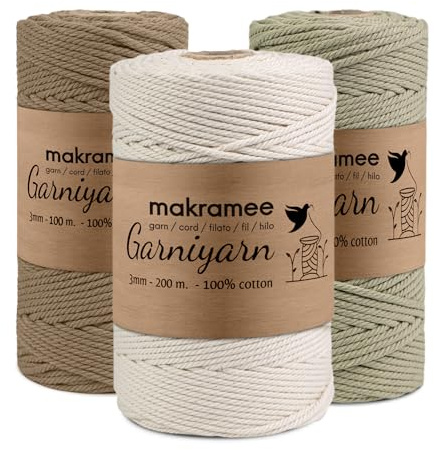GARNIYARN Makramee Garn 3mm 3er-Set 400m, Natural, Olive Green & Latte