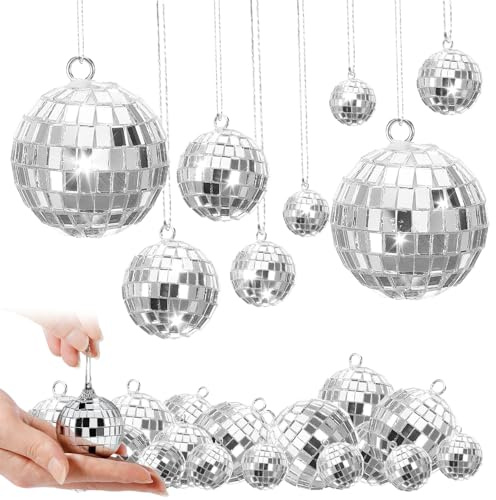 Rppiup 30 Stück Discokugel Deko, Disco Spiegel Ball, Mini Discokugel, 5 Größen 2/3/4/5/6cm Spiegelkugel zum Aufhängen mit 15m Silbernes Seil, Discokugel Klein für Weihnachtsbaum Home Party Deko