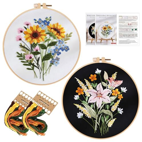 QIXNBL 2 Pezzi Fiore Ricamo Materiale Pacchetto, Principiante Kit di Ricamo, Punto Croce Design con Motivo Floreale, Fai da Te Accessori Ricamo A Mano.