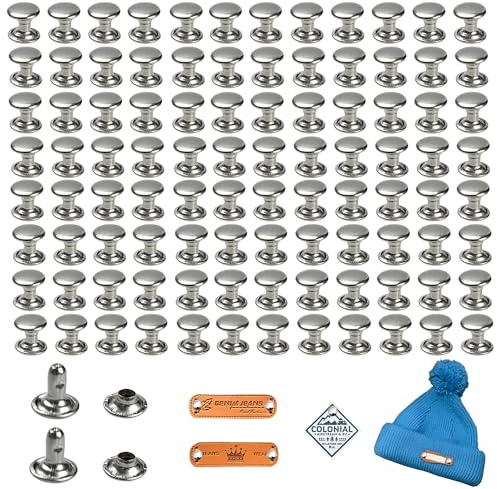LIANCHEN 100 Sets de Rivets de Grand livre Pour Étiquettes en Cuir, Pièces Rivets Creux à Double Tête,Étiquettes Vêtements Cuir Pu Avec Rivets pour le travail du cuir, Argent 7mm