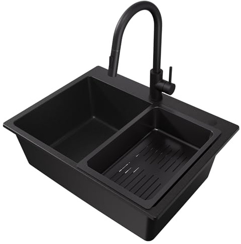 CECIPA Évier Granit Noir 60x45 Cm Avec Robinet Extensible, Évier Cuisine 1 Bac, Panier Filtrant, Siphon Et Ensemble Vidage-Trop-Plein Inclus