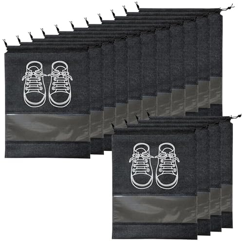 Travel Shoe Bag, 15 PCS Large Shoe Storage Bags, Large Portable Drawstring Shoes Storage Bags Dustproof Drawstring Shoes Bags with Transparent Slot for Daily and Travel Use(Black)