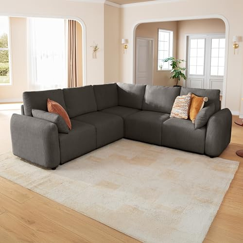 JINOVIA Modulares Ecksofa 245cm, modernes Cord-Schlafsofa in L-Form, 5 Sziter individuell konfigurierbare Wohnlandschaft, hochdichter Memory-Schaum, abnehmbare & waschbare Kissenbezüge, Grau