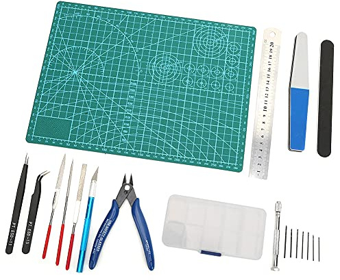 RASTKY Kit de Herramientas para Modelos con Tijeras, Regla, Cuchillo, en Caja, para Entusiastas de la Construcción de Modelos, Pinzas Antiestáticas, Metal/plástico/acero Inoxidable, Tapete de Corte A4
