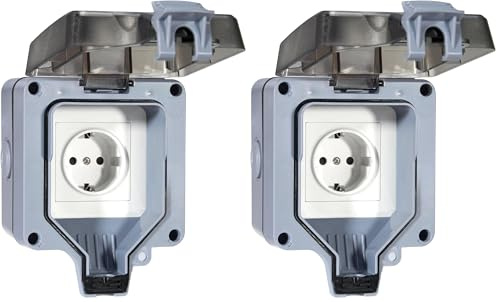Prise Extérieure étanche IP66 - Prise en Saillie pour Jardins, Garages et Pièces Humides, 1 Voie avec Couvercle Rabattable, Résistante à la Poussière et Aux Intempéries (250V, 16A) (Lot de 2)