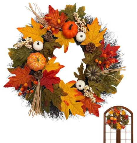 Dekorativa höstkransar för ytterdörren Dekorativ pumpa dörrgirlang 56 cm | Eukalyptus Löv, Bär, Och Kransar för Halloween Thanksgiving och Skördefest på Vägg Fönster Inomhus Utomhus