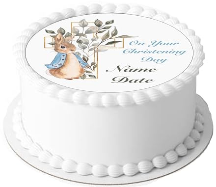 A4 Edible Decor Icing Sheet PERSONALISED Christening Boy 7-8 Circle Cake Topper Decoration - Great for larger cakes