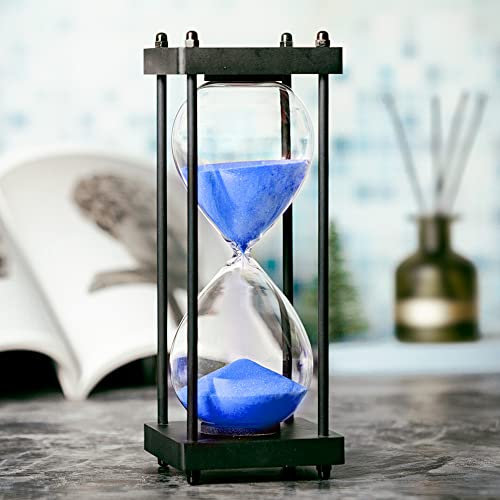 Hourglass Timer 60 Minute, Black Wooden Frame Decorative Sand Timer (Blue Sand, Large Size)
