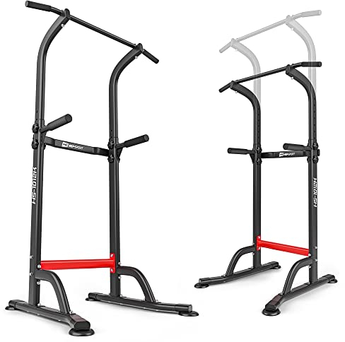 Hop-Sport Power Tower Klimmzugstange & Dip-Station, Höhenverstellbar, Freistehend, Fitnessgeräte für Zuhause, Home Gym, Calisthenics Equipment, Rückentrainer, Max. Belastbarkeit 150 kg