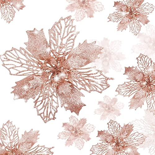 KAHEIGN 36 Pièces Fleurs de Poinsettia de Noël, Paillettes Or Rose Fleurs Artificielles de Poinsettia Ornements d'arbre de Noël pour Décor de Fête Maison Guirlande Noël Mariage (3 Tailles)