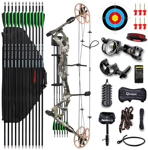 HNZMDY Bogenschießen Compound Bogen und Pfeil Kit 0-70Lbs Jagdbogen Sportbogen 9-31 Draw Länge 325fps mit allem Zubehör für Erwachsene und Jugendliche (Camo)