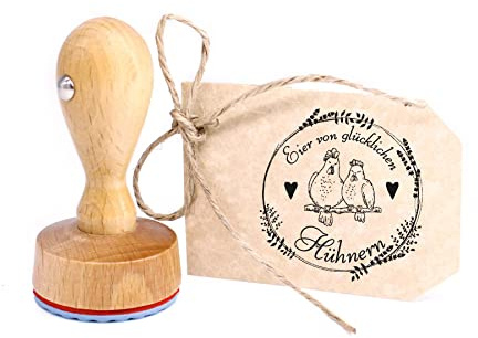 Stempel Eier von glücklichen Hühnern - Motiv 2 Hühner Vintage Kranz Herzen - Rundstempel Eierstempel - 39x37 mm Natur
