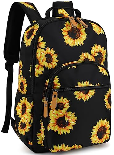 Leaper Wasserabweisender Schulrucksack mit Blumenmuster, Reisetasche, Büchertasche, Damentasche, Schwarz-Sonnenblume, Large-15.6, Traditionelle Rucksäcke