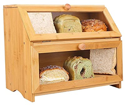 Panera grande de madera con doble capa, almacenamiento de frutas y ventana transparente, solución de almacenamiento de pan de alta capacidad
