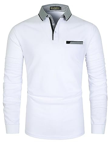 VHUQGVU Polo Homme Manches Longues Coton Mode Contraste Basic Regular Slim Fit Sports T-Shirt,Blanc,L