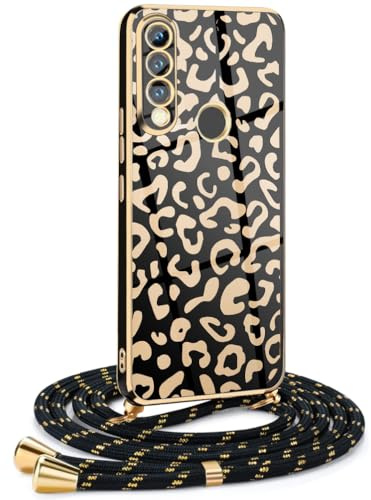 Mkej Frauen Mädchen Handykette Kompatibel mit Huawei P30 Lite - Silikon Hülle mit Band - Handyhülle für Huawei P30 Lite Leopard Design Galvanik - Hülle mit Kordel in Gold Leopard