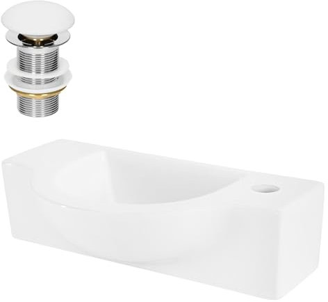 ML-Design Waschbecken Keramik Weiß, 44,5x25,5x12 cm mit Ablaufgarnitur Silber, Oval, Hahnloch rechts, Wandmontage, Aufsatzwaschbecken, Waschtisch Waschschale Waschplatz Handwaschbecken, für Badezimmer
