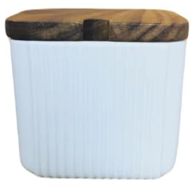 Soulnioi Pot d'assaisonnement en céramique en 1, pot d'assaisonnement carré avec cuillère, pot à épices en céramique avec couvercle en bois, récipient à sel, sucrier blanc