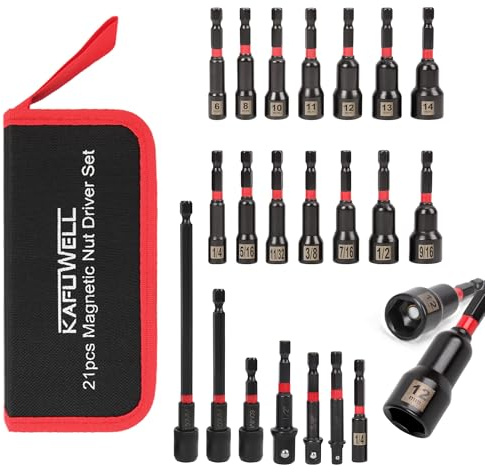 KAFUWELL 21piezas Magnéticas Llaves de Vaso para 1/4 Taladro de Impacto, 6-14mm Métrico y SAE Vástago Hexagonal, Adaptadores de Vaso de Impacto, Portapuntas, Extensiones, con Bolsa de Almacenamiento