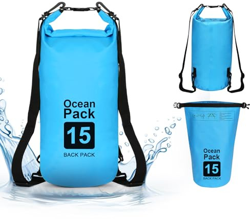 supregear Dry Bag, 15L Wasserabweisender Aufbewahrungsbeutel, Vielseitiger Rucksack mit Doppel-Schultergurt für Bootfahren, Wandern, Kajakfahren, Angeln, Camping und Andere Outdoor-Bleu