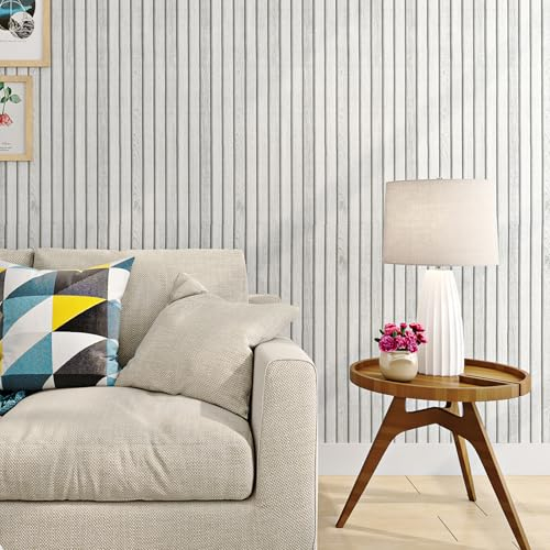 Livelynine Carta da Parati Effetto Legno 3D Carta da Parati Adesiva Muro Camera da Letto Soggiorno Listelli Legno Bianca Impermeabile Carta Adesiva per Mobili Legno Bianca Armadio Moderno 40CMx2M