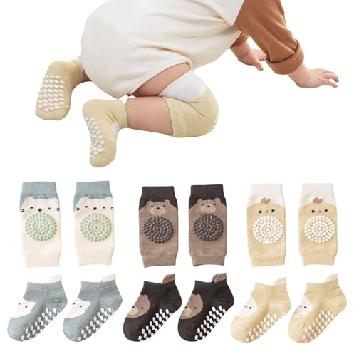 Mezrkuwr 3 paires de genouillères pour bébé et 3 paires de chaussettes pour bébé, ensemble pour bébé rampant, poignets, genouillères pour les tout-petits de 0 à 12 mois