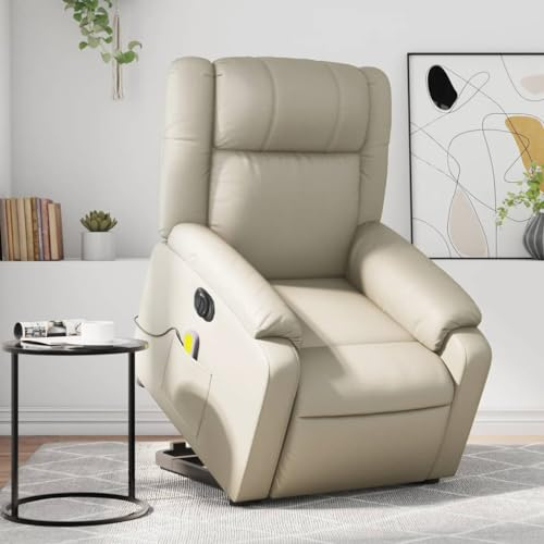 Homgoday Elektrisch Aufstehsessel, Massagesessel mit Aufstehhilfe, Fernsehsessel, Relaxsessel mit Liegefunktion, Ruhesessel Liegesessel, TV Sessel für Wohnzimmer Creme Kunstleder
