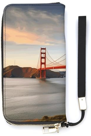 YHEGBFD Portefeuille en cuir, portefeuille pour femme, imprimé Golden Gate Bridge, portefeuille de voyage, sac à main long, portefeuille en cuir avec fermeture éclair autour du portefeuille, style, 20