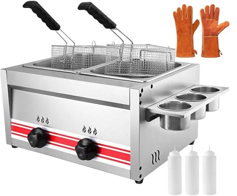 forplubossmmp Commercial Dual Tank Deep Fryer, Countertop Chip Fryer 20L Stainless Steel Kitchen Frying Machine w/Seasoning Tank, Adjustable Firepower Control, Non Stick Countertop Cooktops